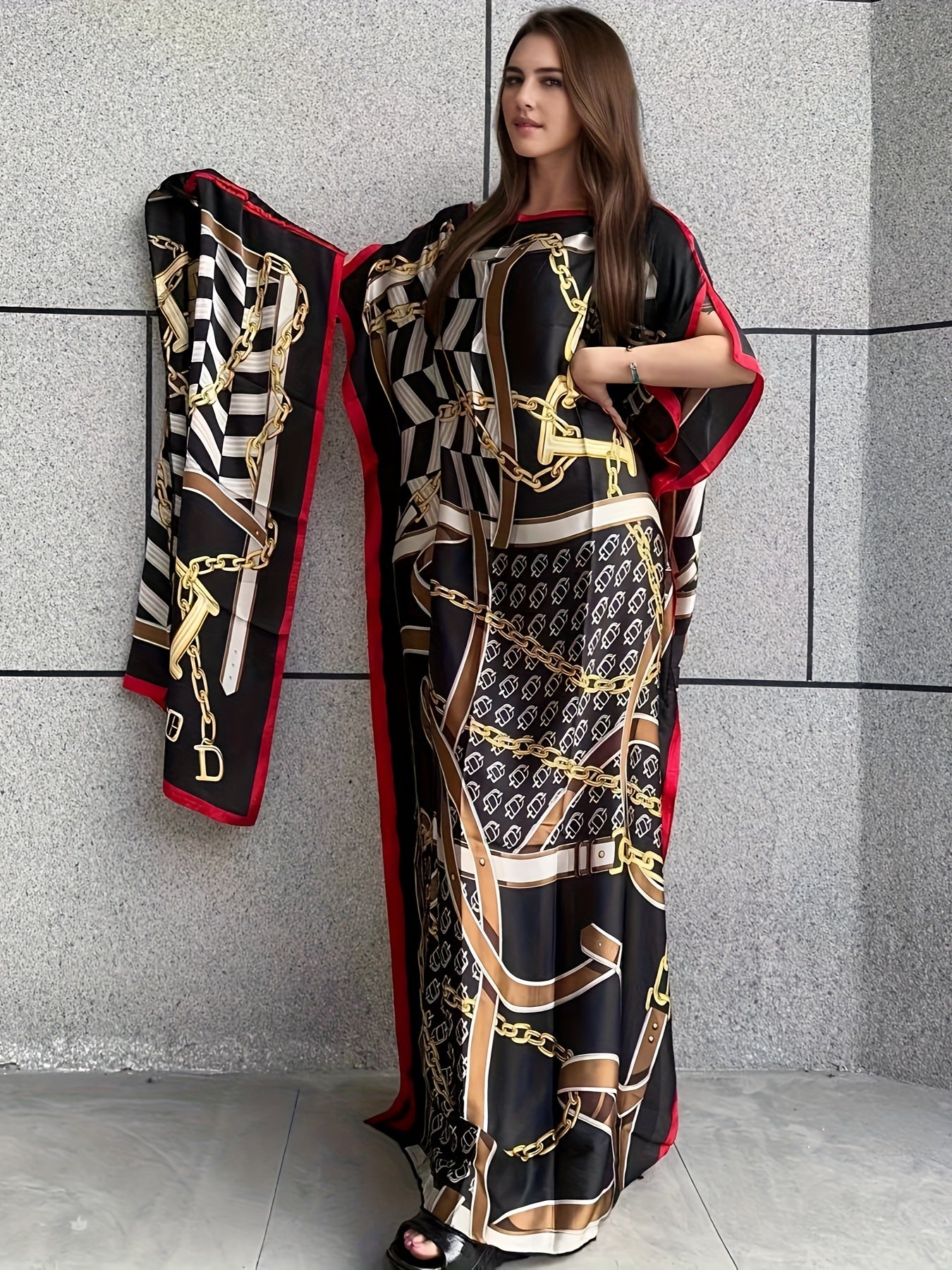 Modest Kaftan Dress - Elegant Batwing Sleeve Loose Maxi Dress with Hijab, Chain Print Boat Neck Design, Comfortable Women's Clothing for Everyday Wear